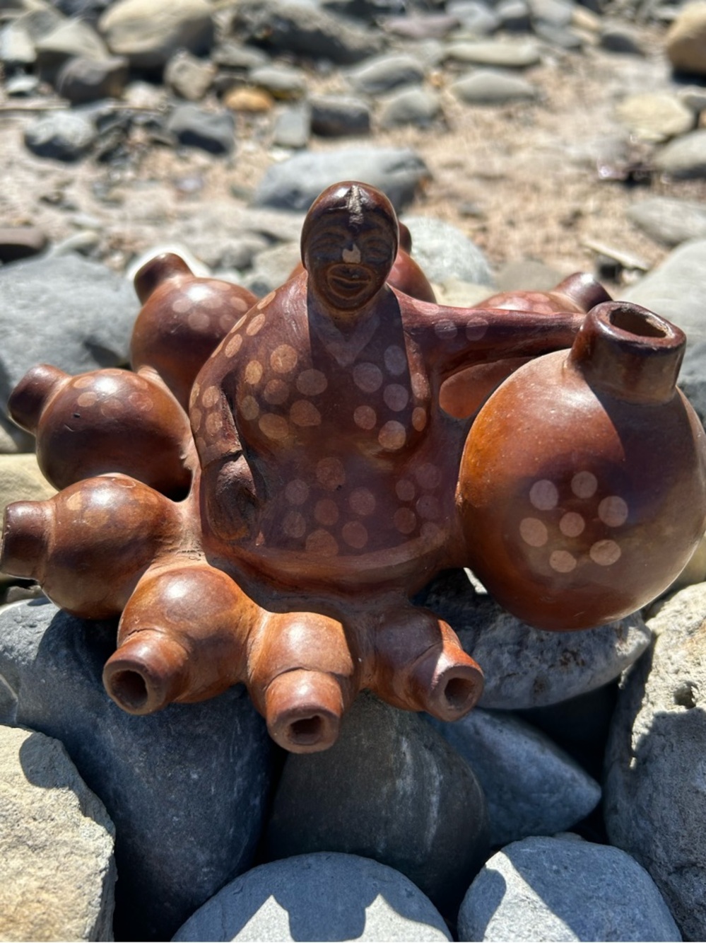 Brown Multi-Vessel Ceramic Sculpture with Dot Motif